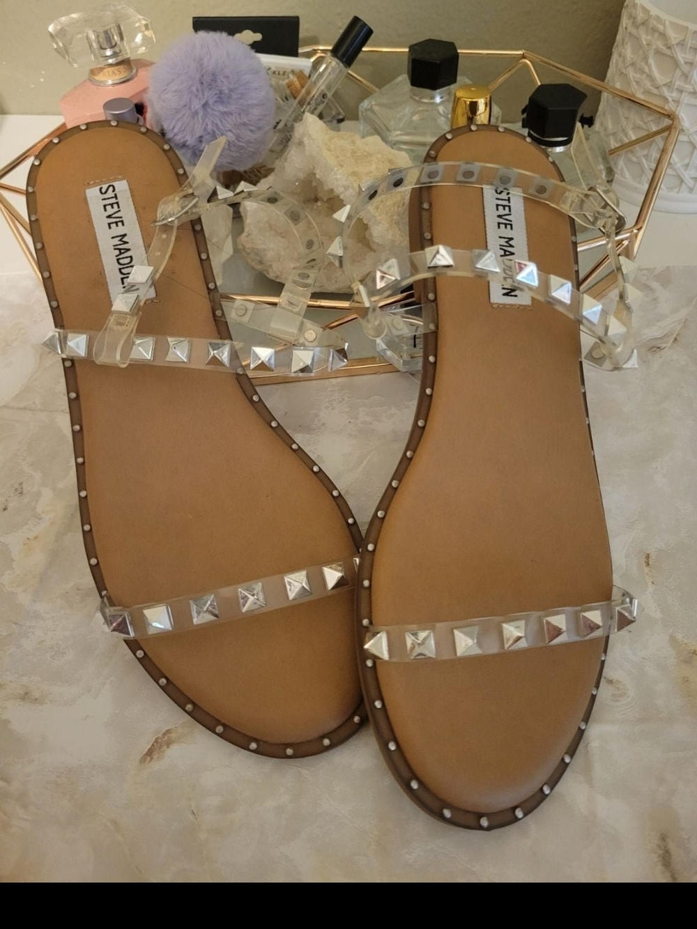 Steve Madden Clear Studded Sandals with Tan Footbed